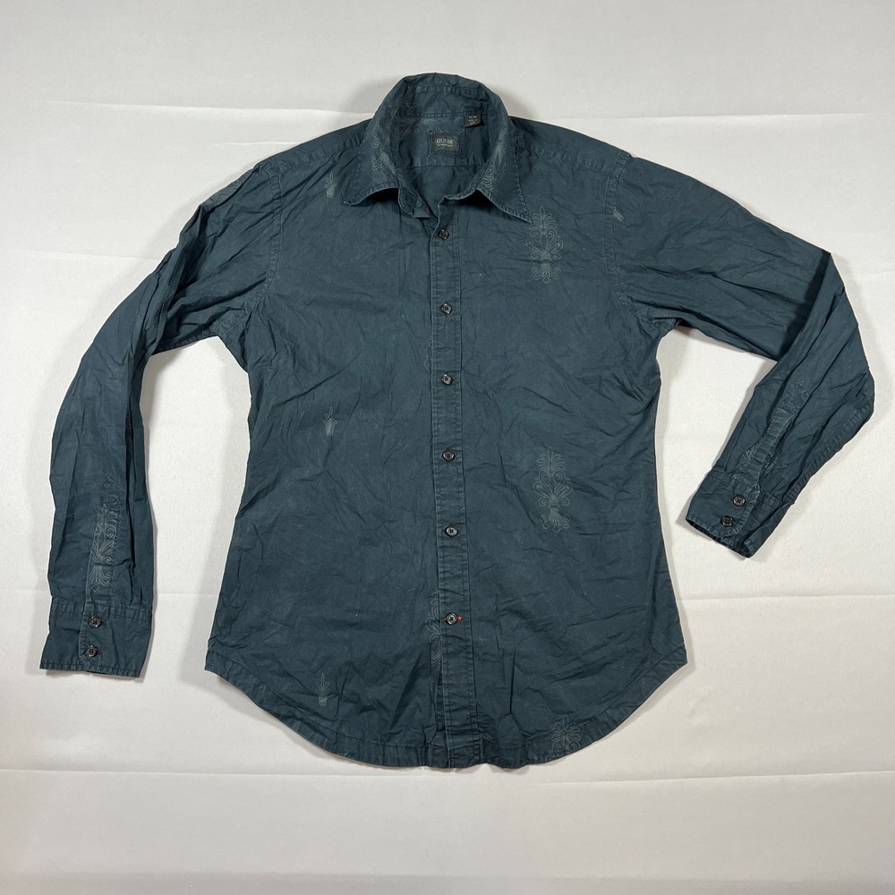 Guess By Marciano Shirt Mens M Dark Slate Blue All Over Print Cotton Button Up